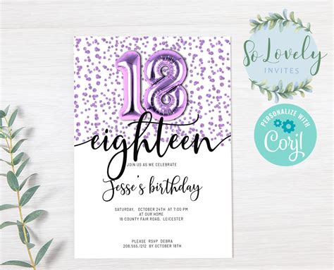 Metallic Purple Glitter 18th Birthday Invitation Editable Etsy