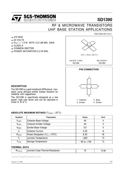 Sd1390 Datasheet Rf And Microwave Transistors Uhf Base Station Applications