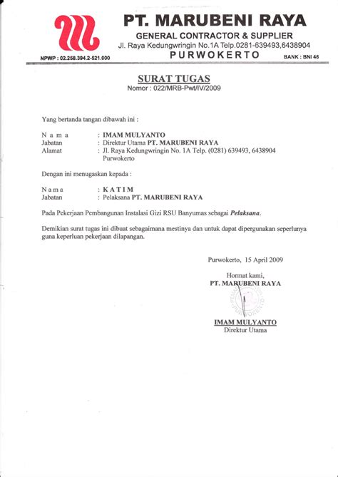 Contoh Surat Instruksi Lapangan Proyek Contoh Surat Tugas Lengkap My