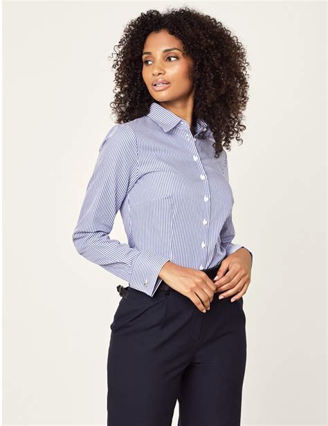 Womens Navy And White Bengal Stripe Fitted Executive Shirt Double Cuff