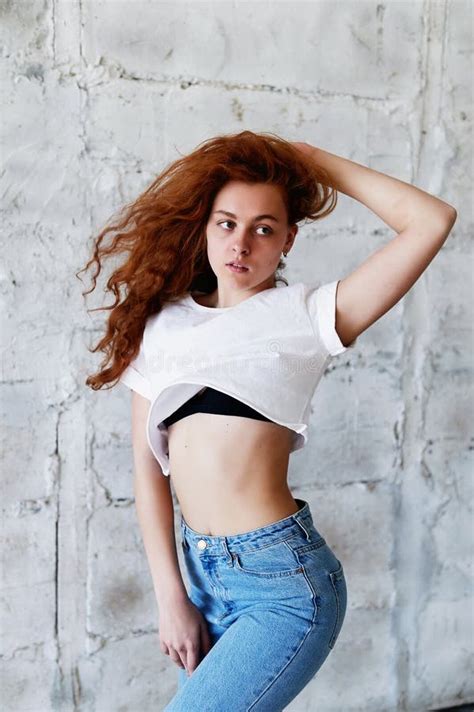 Model Tests Beautiful Redhead Girl With Curly Hair Natural Color Dancing And Moving On The