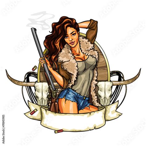 Hunting Label With Pretty Woman Holding Shot Gun Stock Image And