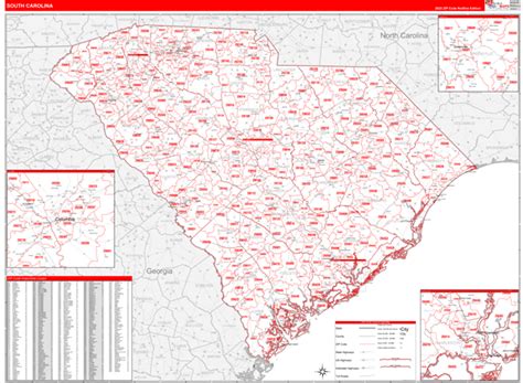 South Carolina Zip Code Wall Map Red Line Style By Marketmaps Mapsales