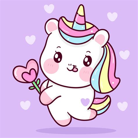 Cute Unicorn Vector Holding Heart Flower Pony Cartoon Kawaii Animal