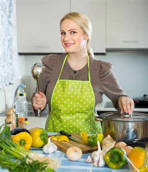 Woman In Apron At Home Kitchen Stock Photo Image Of Happy German