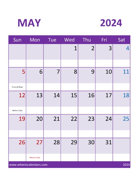 Printable Calendar May 2024 Free Monthly Calendar