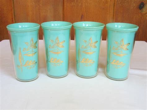 Aqua And Gold Insulated Set Of 4 Drinking Glasses Vintage 1950s 60s