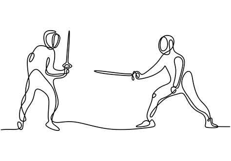 un dessin au trait continu de deux jeunes hommes athlète d escrime