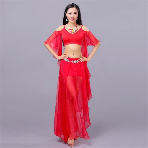 Hot Red Belly Dance Performance Costume Set 3 Pieces Top Skirt Hip