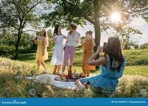 Summer Party Outdoor Gathering With Friends Five Young Women Friends