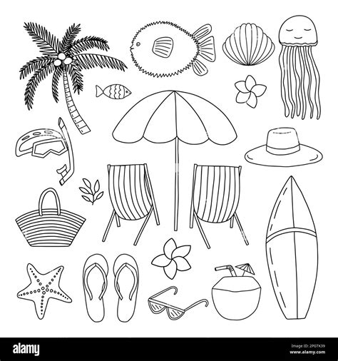 Doodle Summer Beach Elements Set Stock Vector Image And Art Alamy