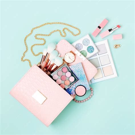 Premium Photo Cosmetic Products Flowing From Makeup Bag On Pastel