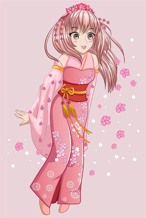 Beautiful Pink Long Hair Anime Girl Wearing Pink Kimono With Cherry