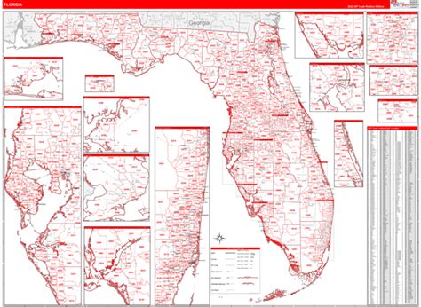 Florida Zip Code Wall Map Red Line Style By Marketmaps Mapsales