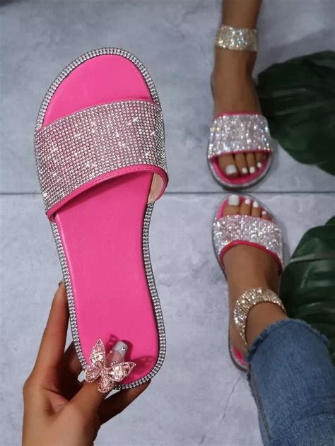 Allover Rhinestone Slide Sandals Sparkly Sandals Womens Sandals Flat