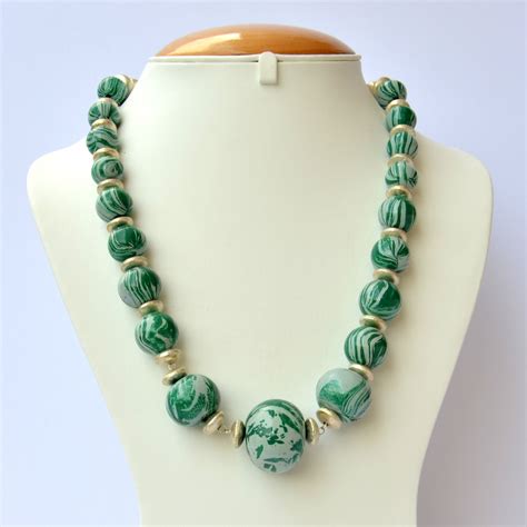 Handmade Necklace With Green Beads Having Blend Of Dark And Light Color