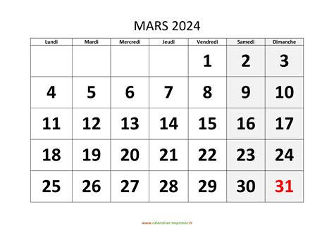 Calendrier Mars 2024 à Imprimer