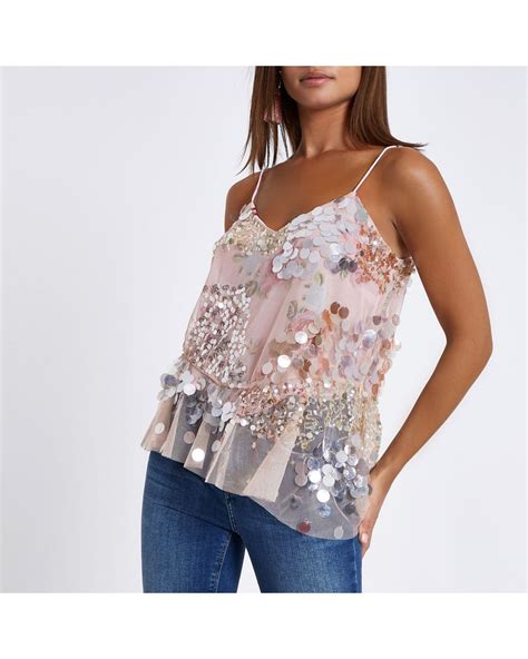 River Island Sequin Floral Embellished Cami Top In Pink Lyst