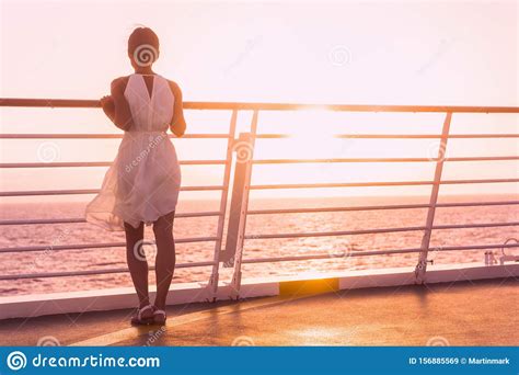 Cruise Ship Vacation Woman Luxury Travel Watching Sunset Over Ocean