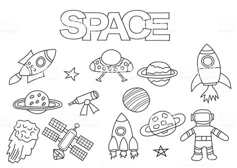Space Elements Hand Drawn Set Coloring Book Template Outline Doodle