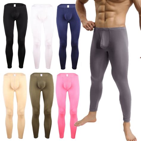 Mens Smooth Bulge Pouch Long Johns Tight Fit Pants Basic Underpants