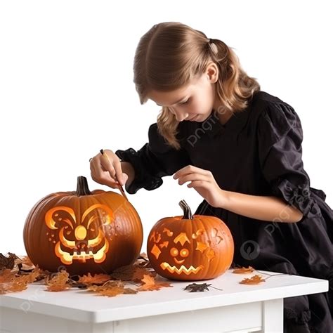 Halloween Pumpkin Girl Hands Prepares Traditional Decoration For The