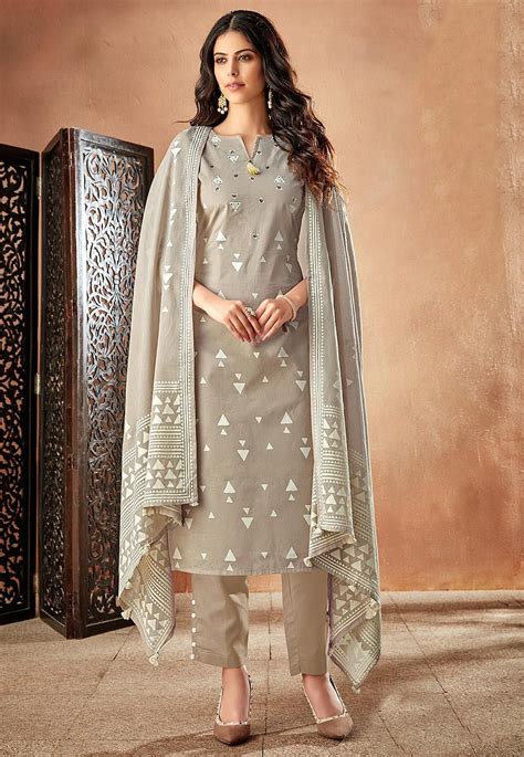 Printed Cotton Pakistani Suit In Light Fawn Pakistani Suit With Pants Cotton Blends Dress