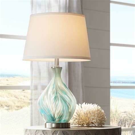 360 Lighting Modern Accent Table Lamp Blue Gray Glazed Art Glass Off White Drum Shade For Living