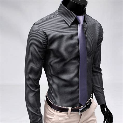 2018 Cool Mens Casual Dress Shirts Stripe Long Sleeve Work Wear Slim