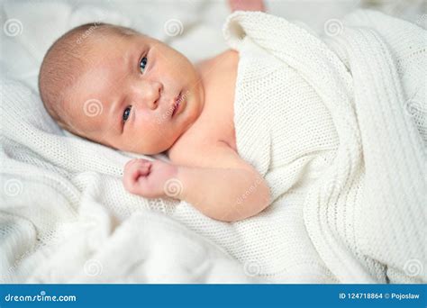 Cute Newborn Baby Lying On Bed Covered By A White Blanket Stock