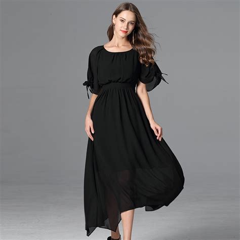 2019 Summer Women Chiffon Long Dresses Black Color Plus Size Empire