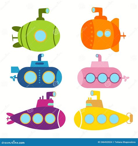 VectorSet Of Submarines On White Background Flat Cartoon Colorful