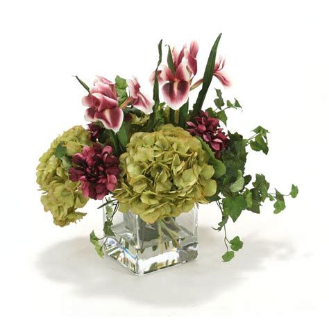 primrue plum zinnias and irises green hydrangeas in square glass vase wayfair
