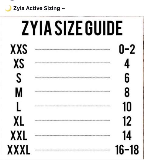 Zyia Size Chart Bra