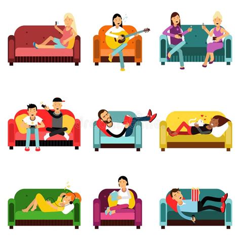 folk som gör olika aktiviteter som sitter på soffauppsättningen illustrationer för vektor för