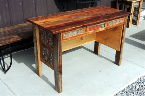 Rustic Barnwood Writing Desk With Red Tin In Drawer And Bark Inset On