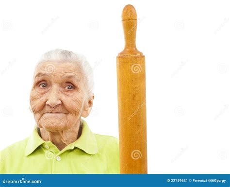 Happy Old Woman With A Rolling Pin Stock Image Image Of Copy