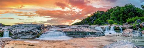 Texas Hill Country Sunset Over Waterfalls Pano 2 Photograph By Bee