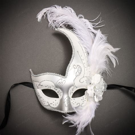 Masquerade Side Feather Glitter Venetian Costume Prom Mask White