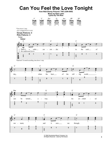 Can You Feel The Love Tonight From The Lion King Sheet Music Elton John Easy Guitar Tab