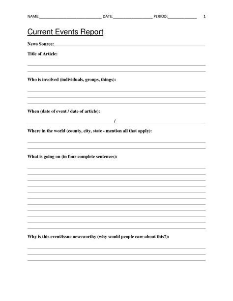 Free Current Events Report Worksheet For Classroom Teachers