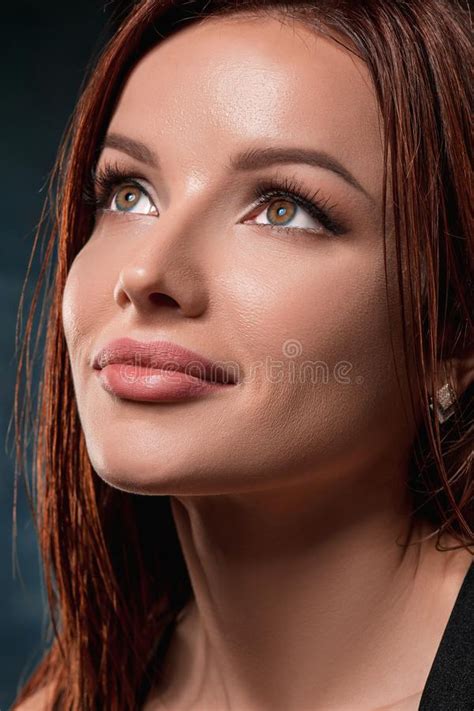 Beautiful Woman Face Portrait Close Up On Dark Stock Image Image Of