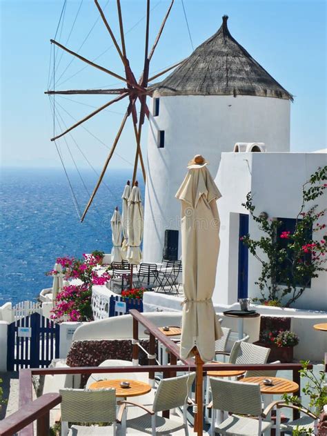Traditional Thatched Windmill Oia Santorini Greece Stock Image