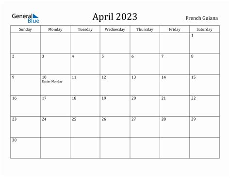 April 2023 Monthly Calendar With French Guiana Holidays