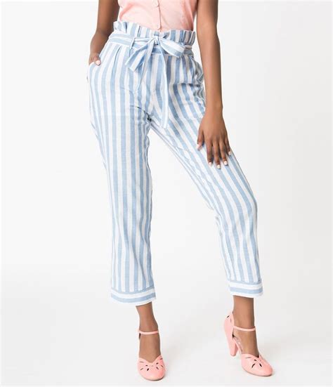 Light Blue And White Striped High Waisted Cotton Pants Stripe Pants