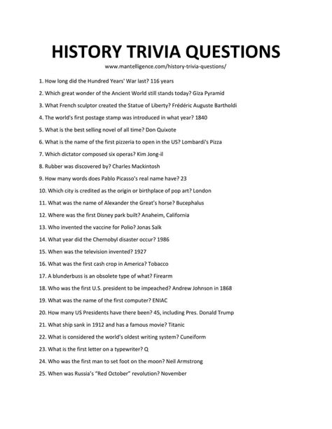 American History Trivia Questions Printable
