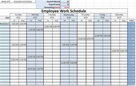 Employee Work Schedule ~ Template Sample