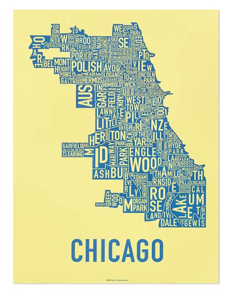 Chicago Neighborhood Map 18 X 24 Yellow Screenprint