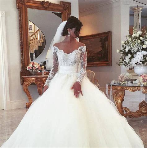 Off Shoulder Long Sleeves Ball Gown Wedding Dress Catsmile