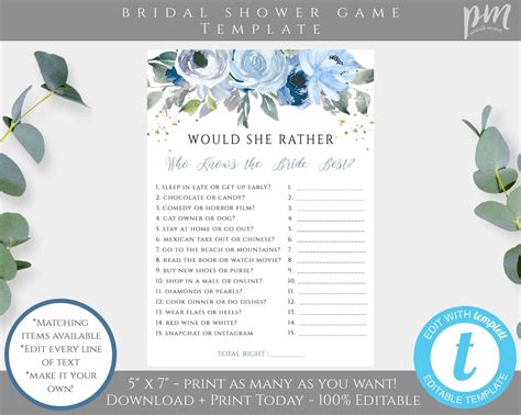 Would She Rather Bridal Shower Game Free Printable